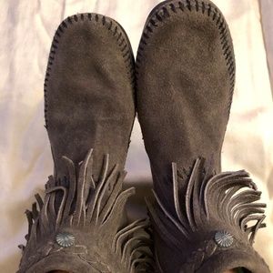 Minnetonka Suede Moccasin Booties with Fringe